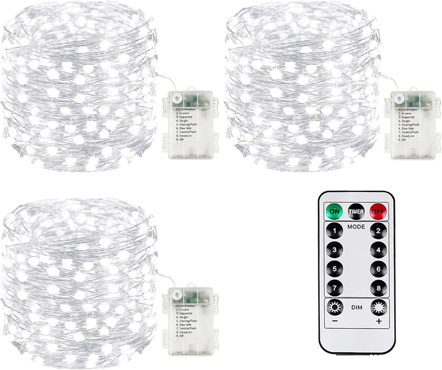 3Pack 99Ft 300LED Fairy Lights Battery Operated with Remote, Waterproof String Lights with Timer for Indoor & Outdoor, Twinkle Lights Battery Powered for Bedroom Wedding Christmas Decor (Cool White)