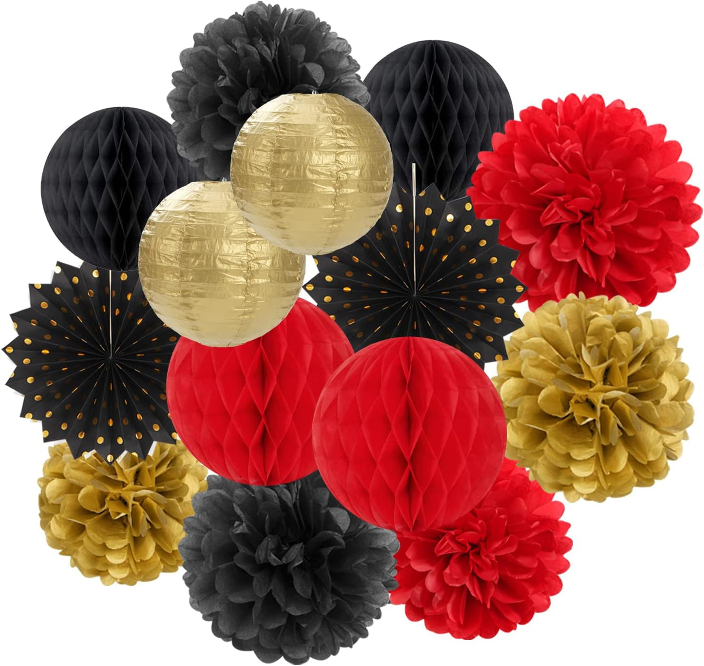 Red-Black Gold Party Decorations Streamers Lanterns - 14pcs Casino-Theme Graduation 2025 Paper Fan,Game Night Wedding Birthday Baby Bridal Shower Tissue Pom Poms,Honeycomb Balls Decor Ouruola