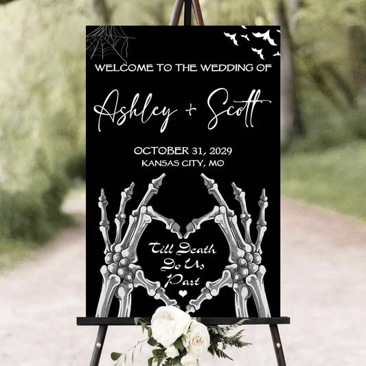 Gothic Halloween Wedding Welcome Sign, Til Death Do Us Part, 4mm Thick Plastic, 12"x18", Ground Stake
