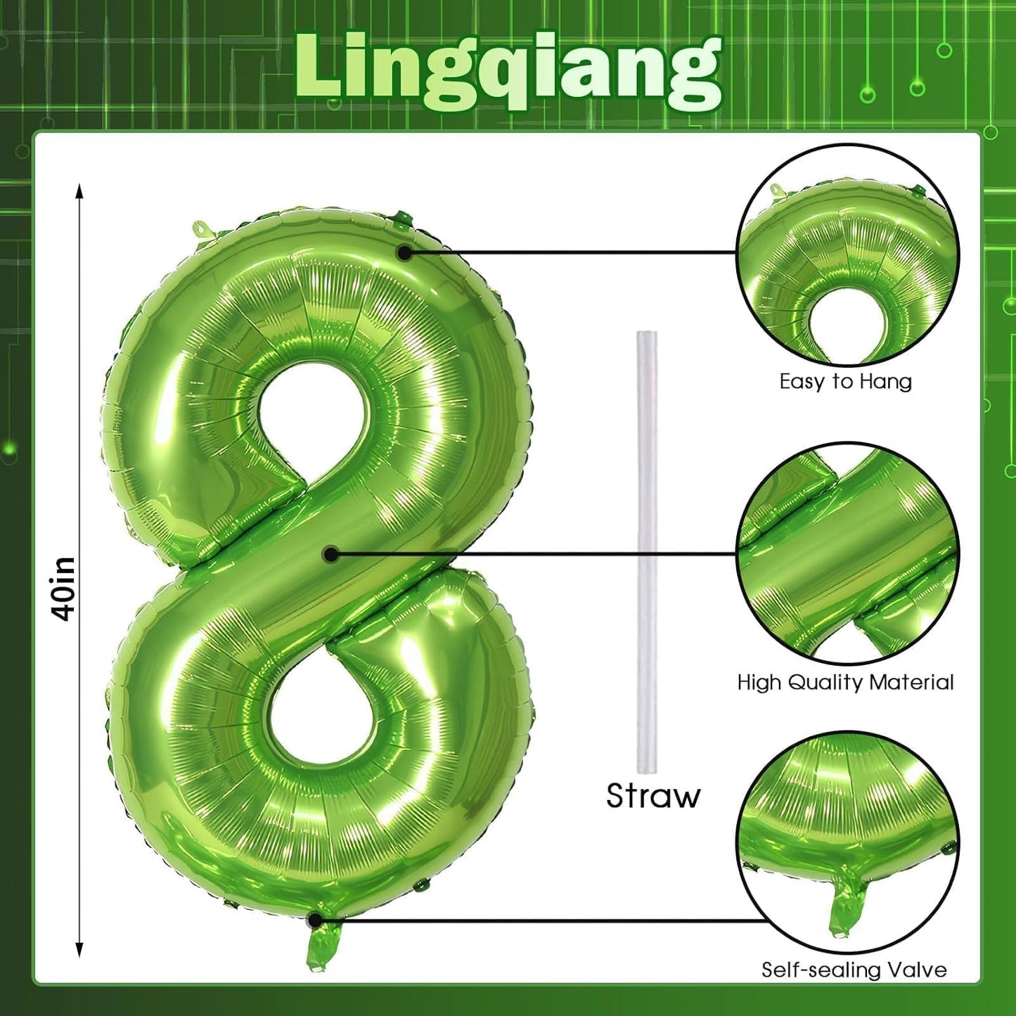40 Inch Green Foil Balloon Number 8, Giant Self Inflating Number Balloons 0-9 for Men Women, Digital 8 Helium Balloons Set for Girls Boys 8th Jungle Birthday Anniversary Party Decorations Supplies