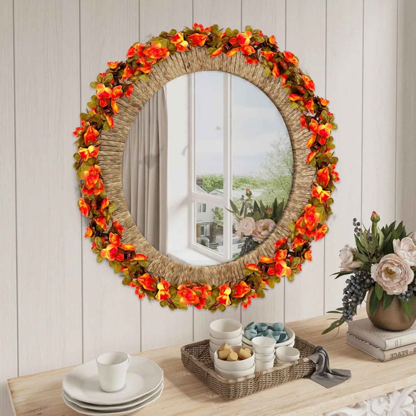 8Pcs 63Ft Orange Rose Garland, Fake Rose Hanging Flowers, Artificial Flower Vine, Hanging Floral Vine Garland for Wedding, Birthday Party, Wall Arch, Halloween, Christmas Garden Backdrop Decor