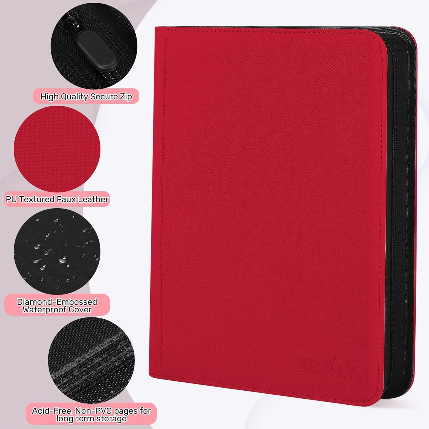 9 Pocket Trading Card Zip Binder, 540 Cards, Premium Baseball Card Storage Album, 30 Side-Loading Pages, Folder for Collectible Games, Sports, TCG, Red