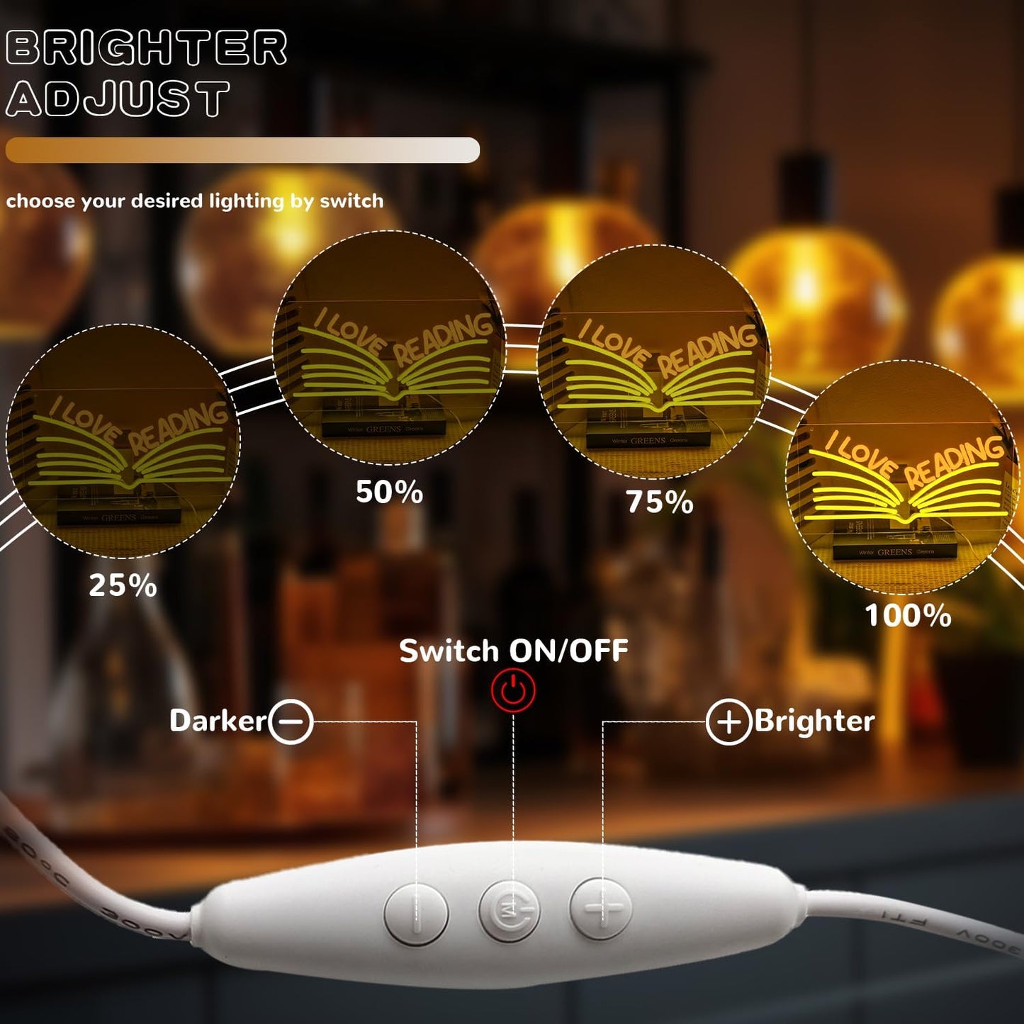 I Love Reading Neon Sign for Wall Decor, Yellow Read More Books Neon Light, Dimmable Classroom LED Light Up Sign for Classroom, Bookstore, Library, Bedroom