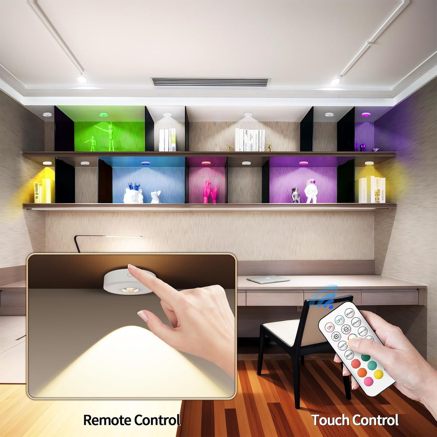 Rechargeable Puck Lights with Remote Control, 12 Color Changing Under Cabinet Lighting, Wireless RGB tv Led lights for bedroom & Closet, Dimmable Magnetic under counter lights for kitchen, Shelf,Party