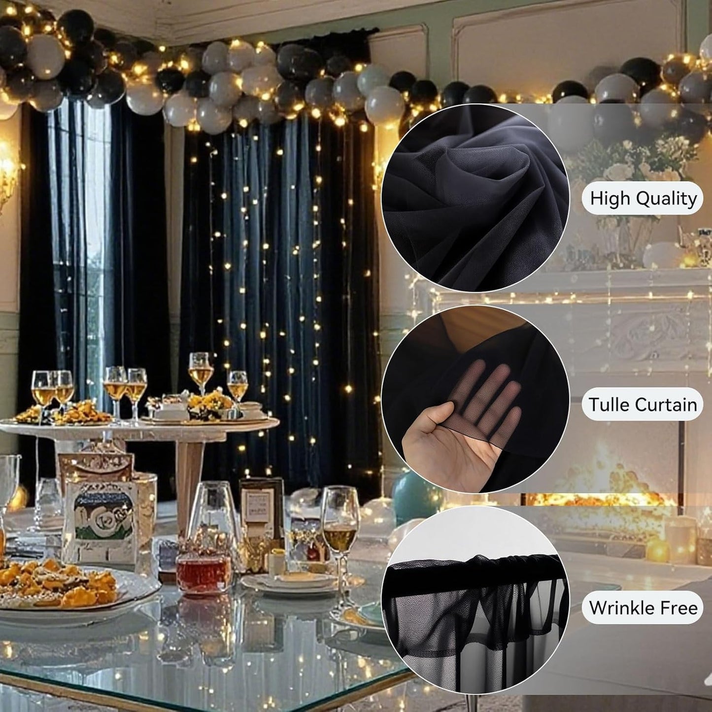 10×10ft Tulle Backdrop Curtains with Lights String - 300LED Fairy Lights Sheer Curtain Backdrop for Weddings Baby Shower and Birthday Party Decorations(8 Panels 5×10ft)