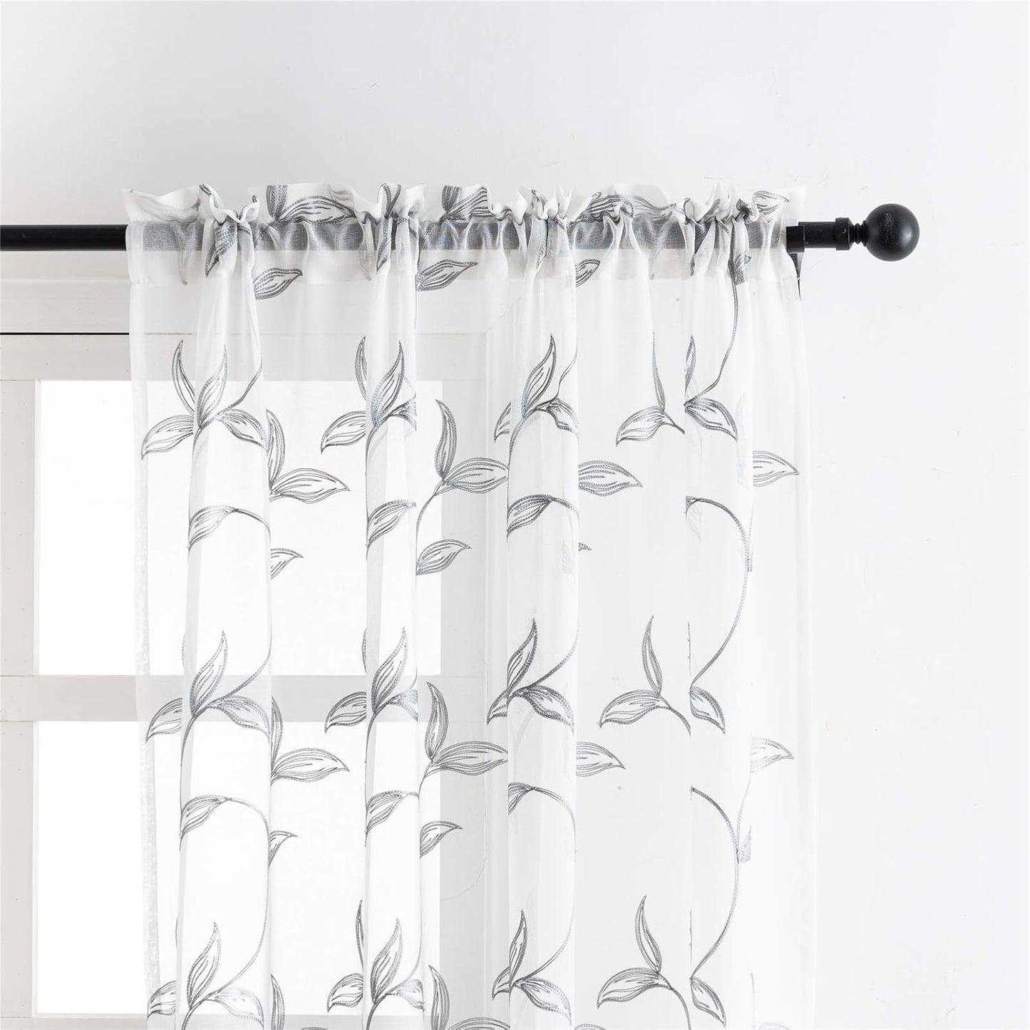 VISIONTEX Sheer Curtains 84 Inch Length 2 Panels, Decor Iron Grey Vine Leaves Embroidery on White Voile Pair, Accent Semi Window Drapes for Kitchen, Living Room and Bedroom, 54" W x 84" L