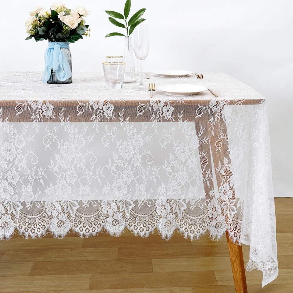 LuoluoHouse White Lace Tablecloth 6pcs Table Fabric 60x120 Inch for Rustic Boho Wedding Bridal Shower Party Decoration Rectangle Overlay Long Vintage Embroidered Reception Table Cloth Decor