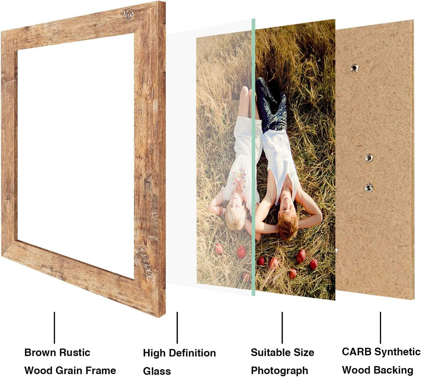 8x10 Picture Frame Set of 4, High Definition Real Glass Rustic Brown Frame, 8 x 10 Wood Photo Frames for Desktop Display and Wall Mounting