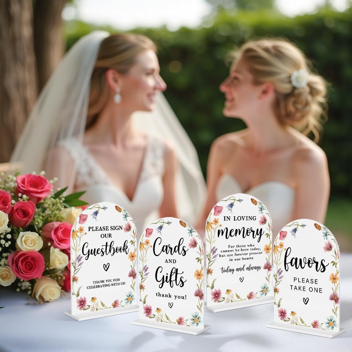 4 Pcs Acrylic Wedding Signs for Reception, Bridal Shower Decorations, Cards and Gifts Signs, Guest Book Sign, Arch Acrylic Table Top Sign with Holder for Wedding Reception (White Wildflowers)