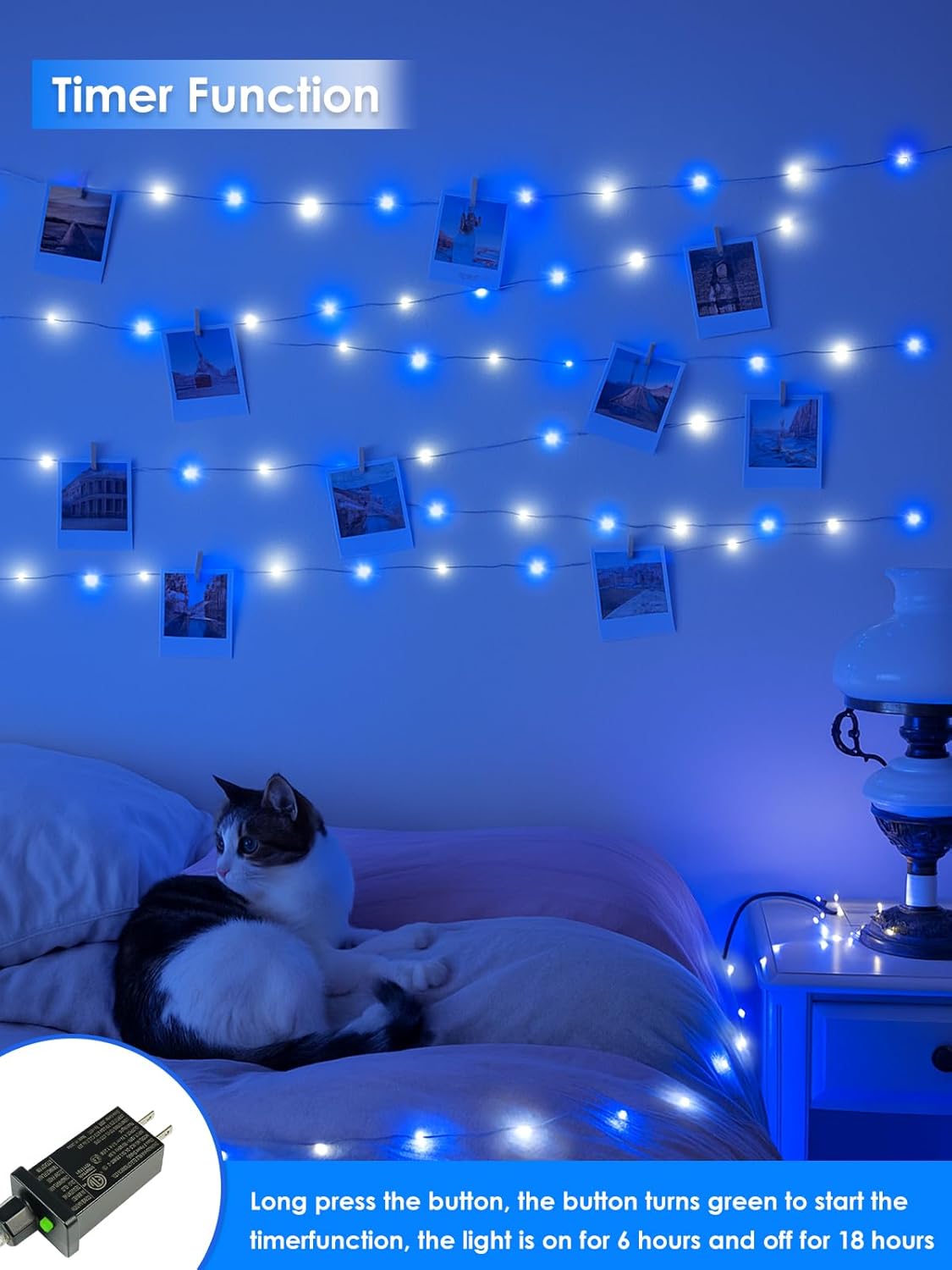 66Ft 200 LED Fairy Lights Plug in, Waterproof String Lights Outdoor & Indoor 8 Modes Christmas Lights Bedroom Decor, Timer Twinkle Light for Girl's Room Garden Party Christmas Decorations (Blue&White)