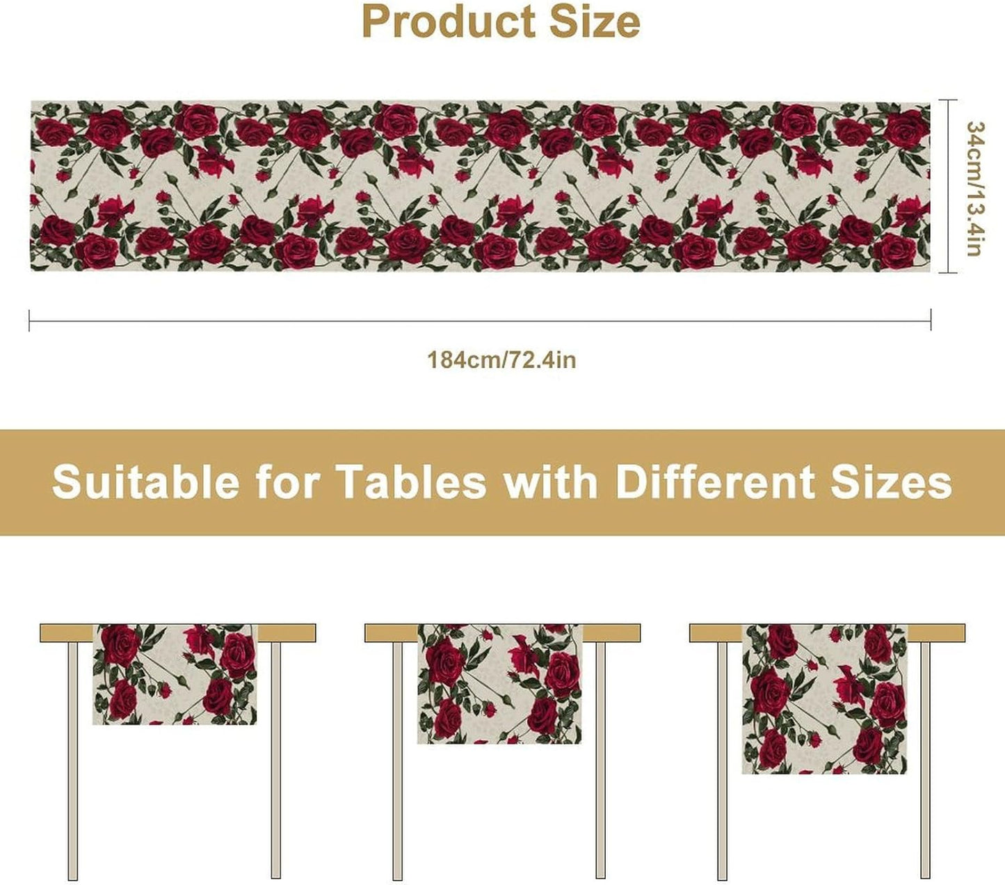 Rose Table Runner, Retro Red Rose Flowers Green Leaves Valentine's Day Kitchen Dinning Table Runner for Indoor Outdoor Home Wedding Party Holiday, 13x108 Inch