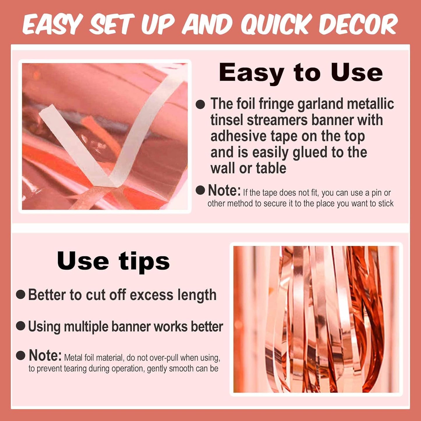 4 Pack 10 Ft Rose Gold Foil Fringe Garland Metallic Streamers Tinsel Banner Wall Hanging Garland Backdrop for Parade Floats, Halloween, Christmas, Thanksgiving, New Year Party Decorations