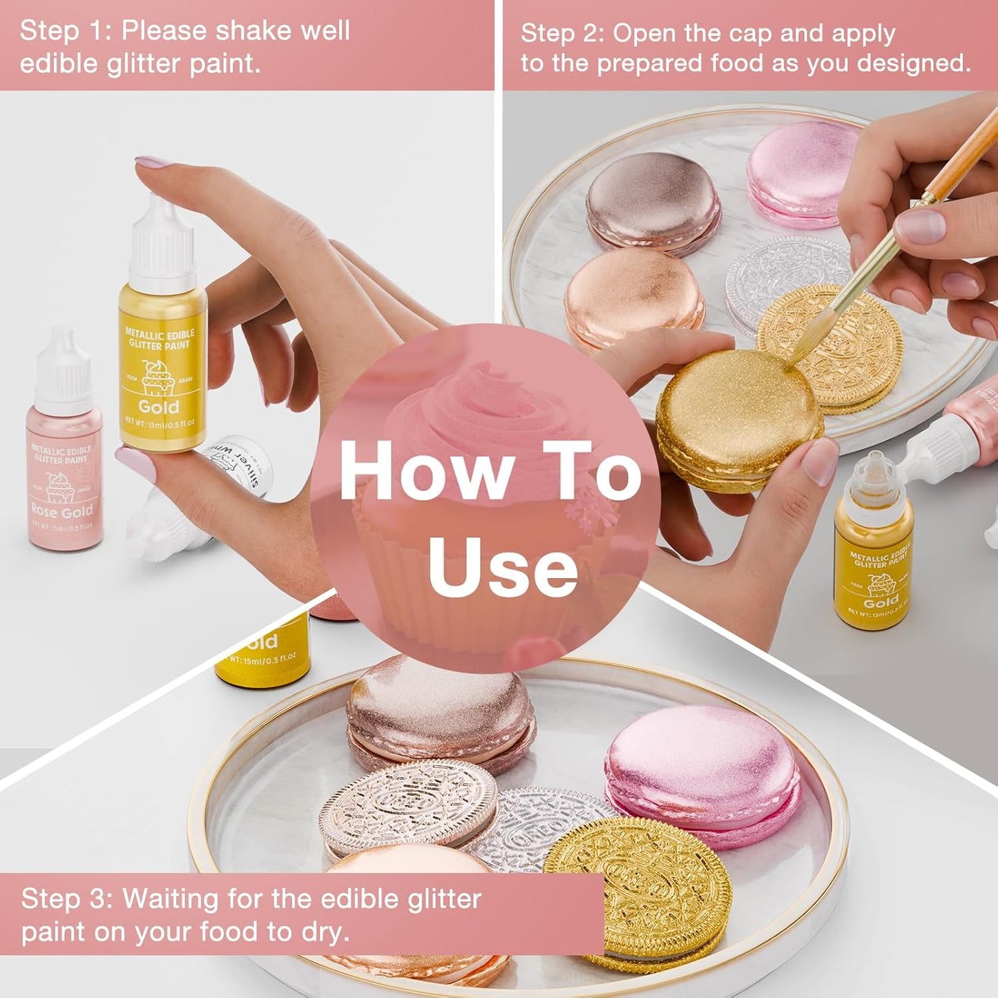 Edible Glitter Paint Set- 6 Color Food Coloring Metallic Glitter Paint for Baking, Cake Decorating - Food Grade Art Decorative Cake Paint for Cupcakes, Cookies, Fondant, Donuts, Macaron, Candy (Iridescence, 6 color)