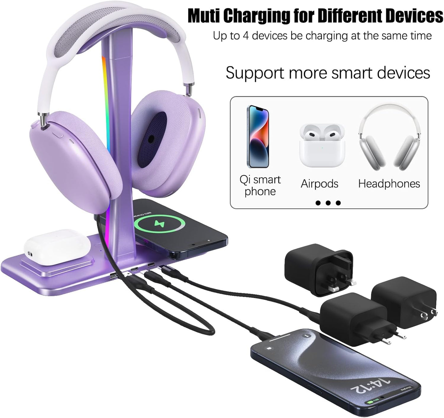 Headphone Stand with Wireless Charger,Gaming Headset Stand with RGB Light Mode,Airpod Max Stander Compatible with Airpod Pro/3/2,iPhone 16/15/14/13/12/11,Gifts for Gamers & Music Lover (Purple)