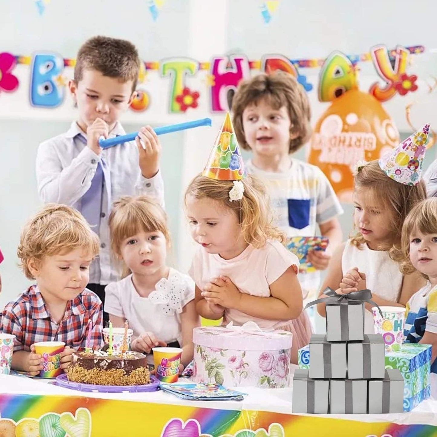 COTOPHER 100pcs Wedding Favor Boxes, Paper Gift Boxes 3x3x3 Inches Small Gift Boxes with Ribbons Small Boxes for Gifts, Crafting, Cupcake, Candy, Bridesmaid Proposal Boxes (Metallic Silver)