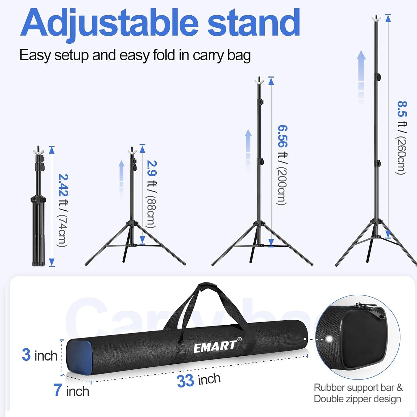EMART Backdrop Stand 10x8.5ft(WxH) Photo Studio Adjustable Background Stand Support Kit with 2 Crossbars, 8 Backdrop Clamps, 2 Sandbags and Carrying Bag for Parties Events Decoration