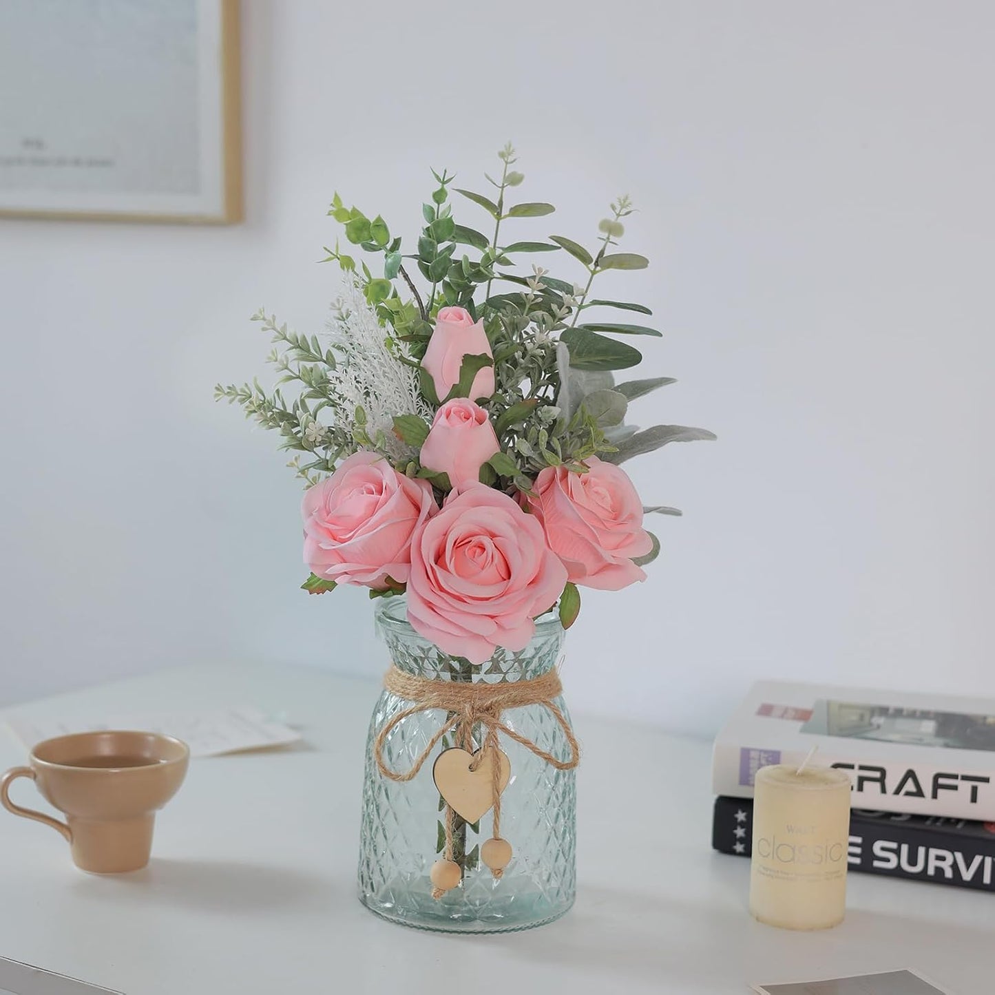 Faux Flowers with Vase,Artificial Silk Roses in Vase, Fake Plant Eucalyptus Flower Arrangement for Home Office Farmhouse Bathroom Dining Table Centerpiece Decorations Coffee Table Decor (Pink)
