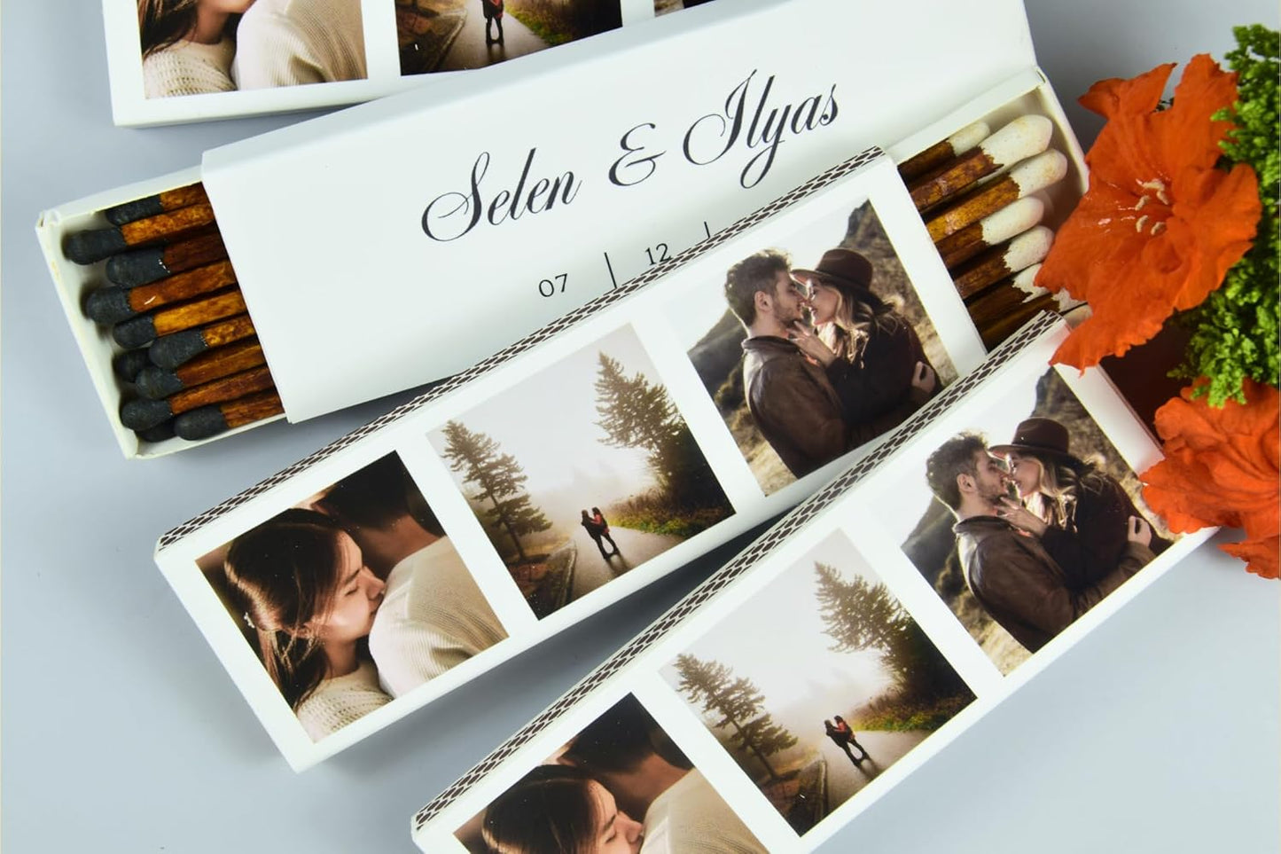 10 Boxes - Customized Matchboxes Colorful Tips (Wedding Design #5, 4" Matchboxes) (4" Matchsticks, Wedding Design #3)