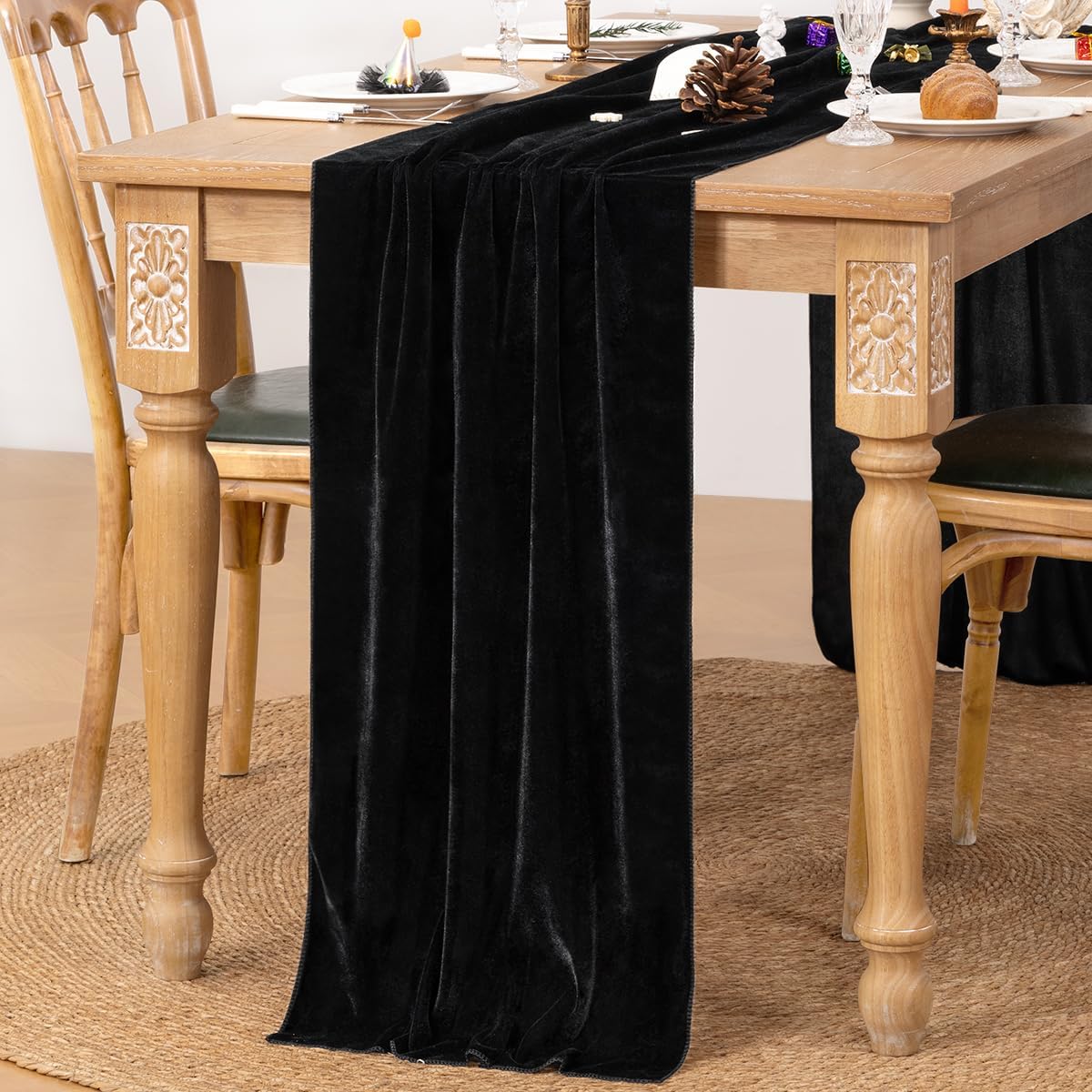 MLMC Black Velvet Table Runner 10ft Glossy Luxury Velvet Fall Table Runner 20x120 Inches Wedding Runner for Fall Bridal Shower Birthday Party Halloween Decor