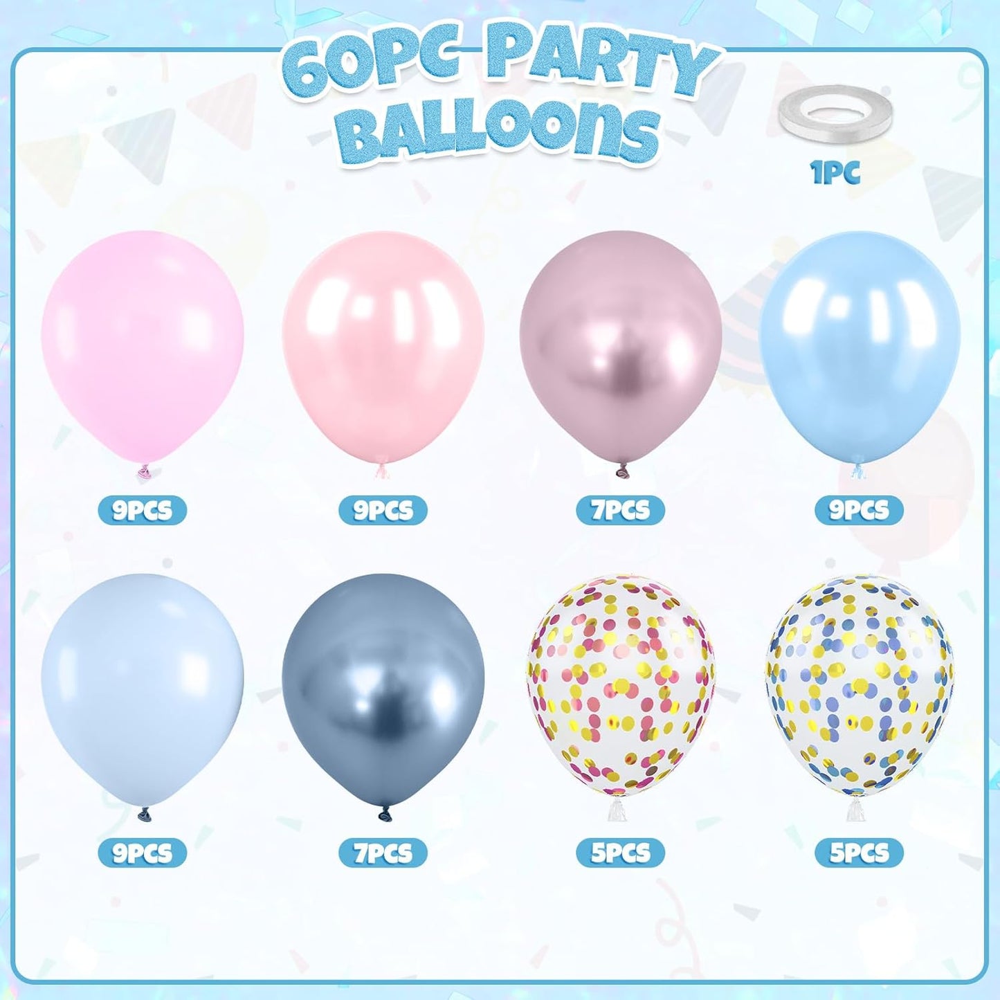 Pink and Blue Balloons, 60pcs Pearl Metallic Blue Pink Balloon With Two Types Confetti Balloons For Birthday Baby Shower Party Wedding Gender Reveal Bridal Shower Anniversary Engagement Decorations