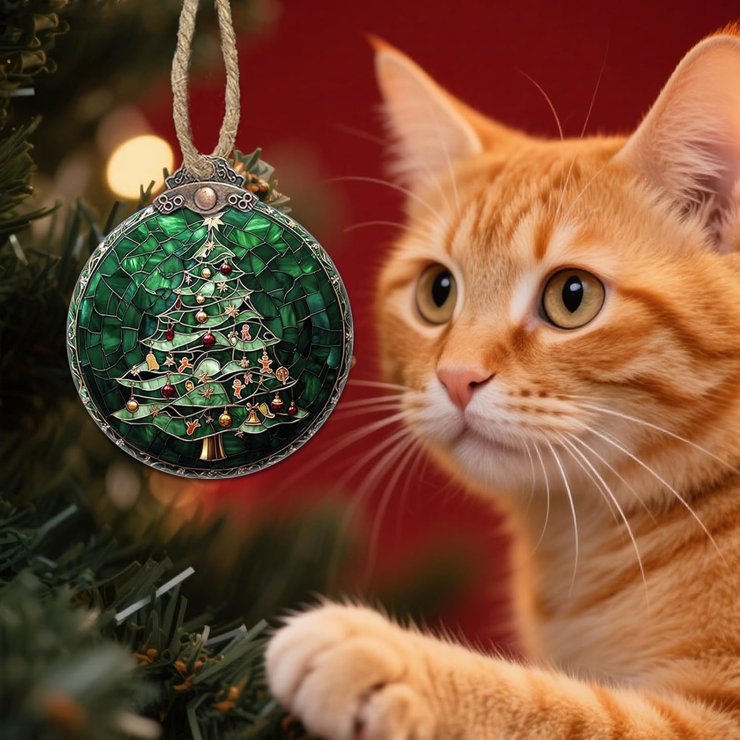 Stained Glass Christmas Decorations, Small Bell Pendant Suncatcher for Window Christmas Tree Hanging Ornaments Retro Green Sun Catcher Xmas Decor Gifts for Women Men Mom Nana Friend