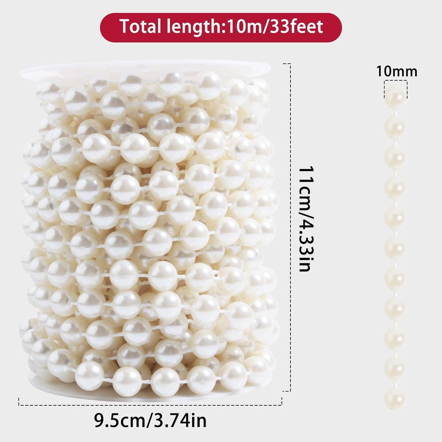 Pearls String Beads 33 Feet Crafts Faux Pearl Roll for Christmas Garland Flowers Wedding Party Jewelry Decoration(10mm Ivory)