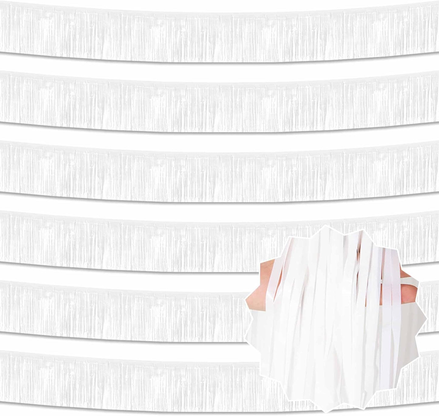 6 Pack 10 Ft Macaron White Foil Fringe Garland Metallic Streamers Tinsel Banner Wall Hanging Garland Backdrop for Parade Floats, Halloween, Christmas, Thanksgiving, New Year Party Decorations