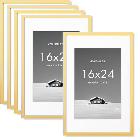 16x24 inch Picture Frame, 16x24 Photo Frames with 12x18 Removable Mat - High Definition Plexiglass - Vertical and Horizontal Display - Wall Hanging Poster Frame - Gold, 5 Pack