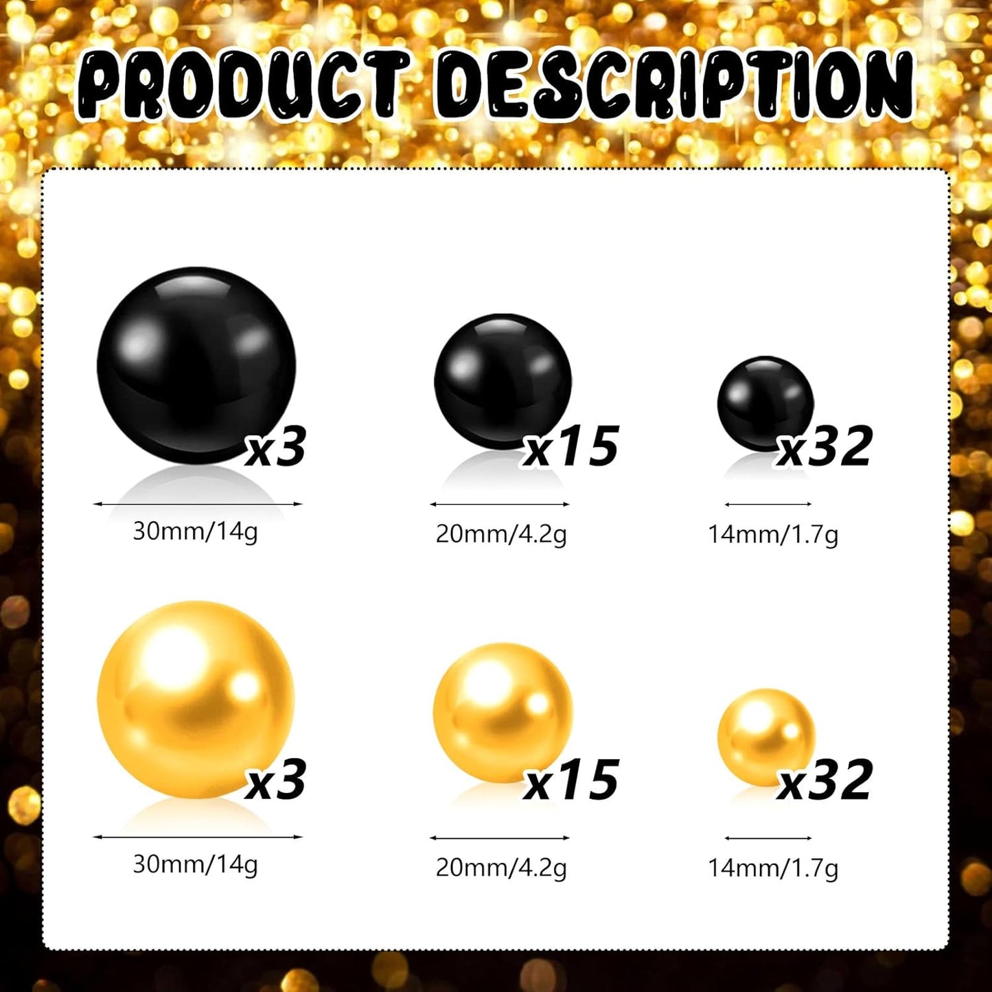 100PCS Black Gold Faux Pearls Beads for Centerpiece Vases, Vase Filler Faux Pearls, No Holes Filler Beads for Party Anniversary Graduation Table Decor, 14/20/30mm