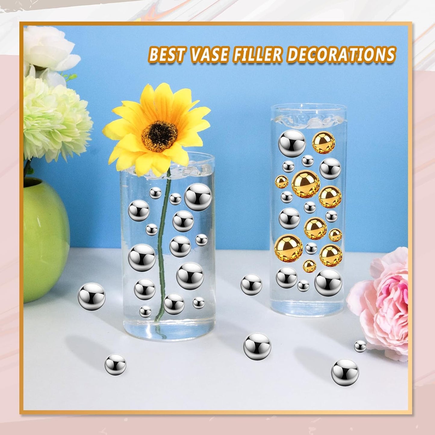 300Pcs Vase Filler Silver No Hole Faux Pearl Beads for Vase Filling Decorations, Candle Centerpieces, Wedding Centerpieces, Home Party Decor (8/14/20mm)