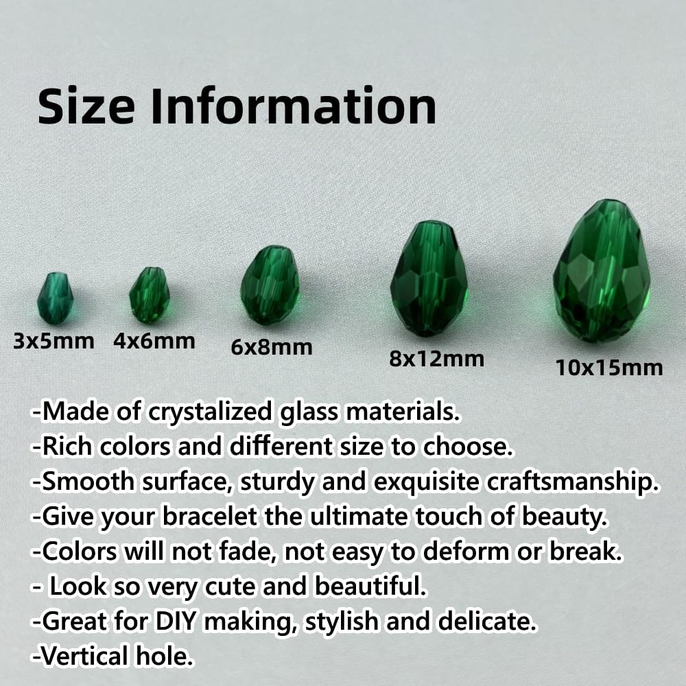 100pcs 8x12mm Teardrop Crystal Glass Beads for Jewelry Making, Faceted Vertical Hole Teardrop Glass Spacer Beads for Wind Chimes Bracelet Earring Necklace DIY Craft(Peacock Green)