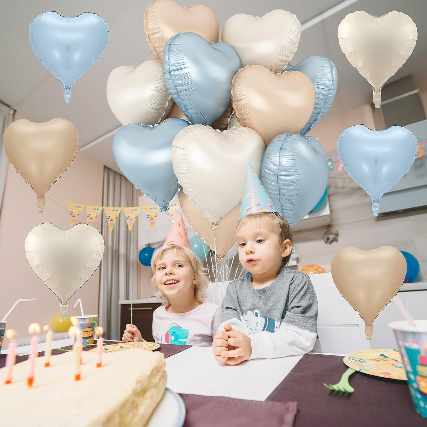 Blue Cream Heart Foil Balloons, 12Pcs Baby Blue Beige Nude Heart Shape Mylar Balloon, 18Inch Macaron Apricot and White Helium Balloons for Boho Birthdays Baby Shower Wedding Valentines Party Decor
