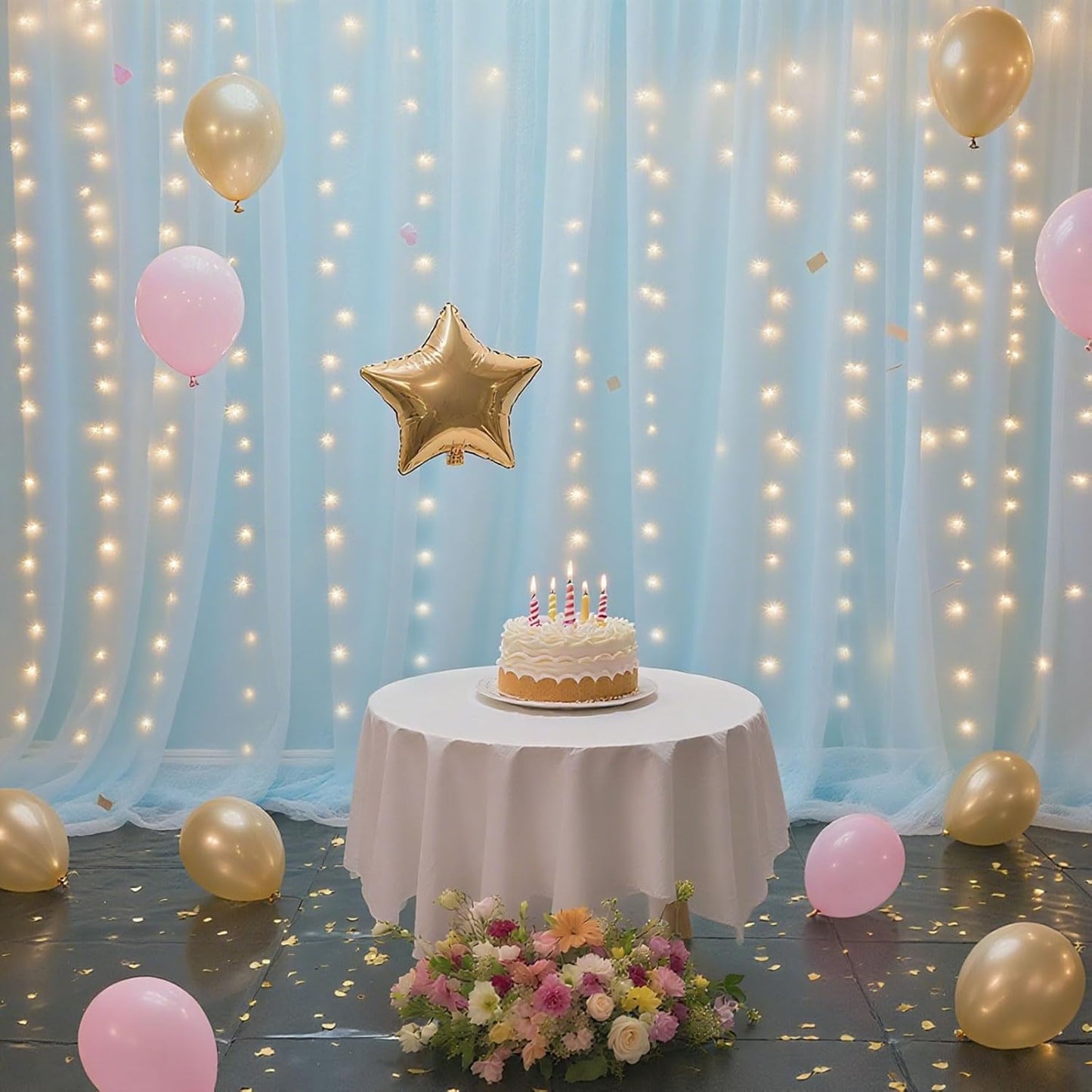 10×8ft Tulle Backdrop Curtains with Lights String - 300LED Fairy Lights Sheer Curtain Backdrop for Weddings Baby Shower and Birthday Party Decorations(4 Panels 5×8ft)