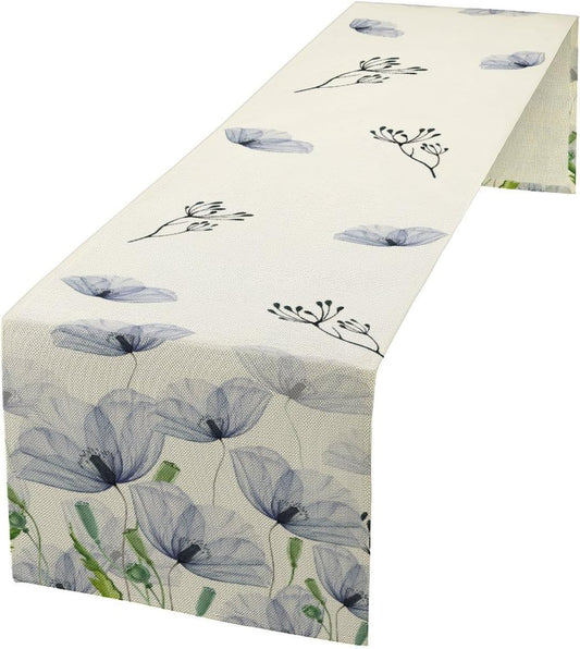 Watercolor Poppy Floral Table Runner, Abstract Seasonal Spring Summer Blue Purple Flower Kitchen Dinning Table Runner for Indoor Outdoor Home Wedding Party Holiday, 13x90 Inch
