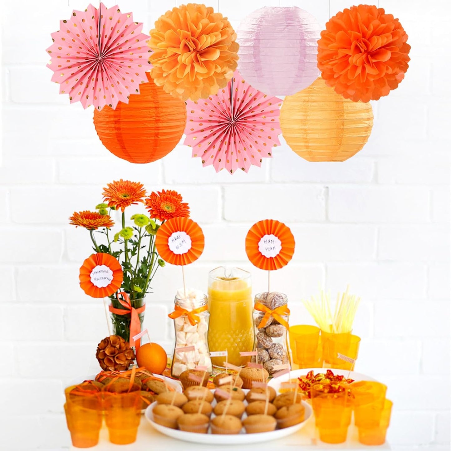 Pink-Orange Groovy Party-Decorations - 20pcs Fall Autumn Thanksgiving Harvest Paper Streamers Lanterns Fans,Tissue Pom Poms,Honeycomb Balls,Bunting,Birthday Baby Bridal Shower Wedding Decor Burgleda