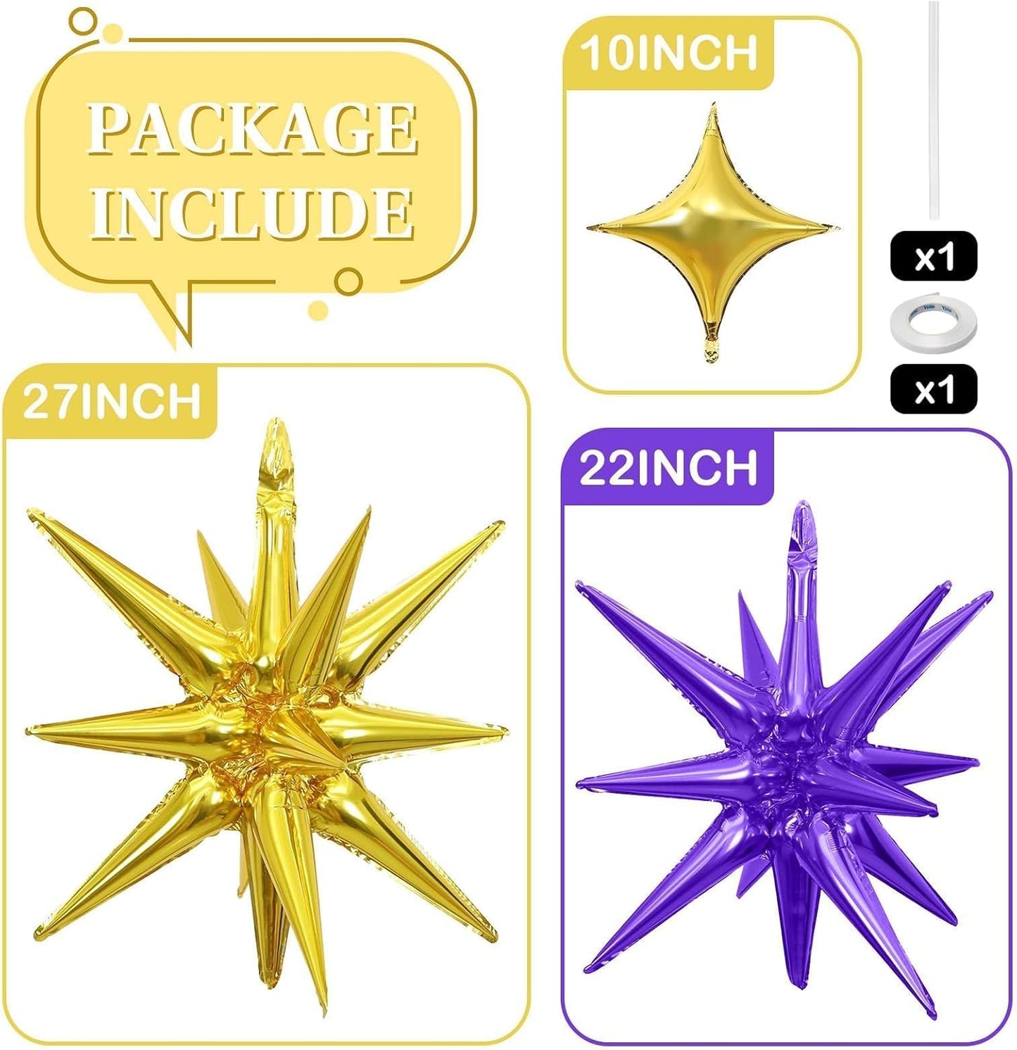 Purple Gold Star Balloons Foil 12pcs, 27/22 In Star Explosion Balloons, Large Spike Mylar Cone Balloon, Fireworks Shape Balloon Decor for Birthday Graduation Anniversary Prom Halloween