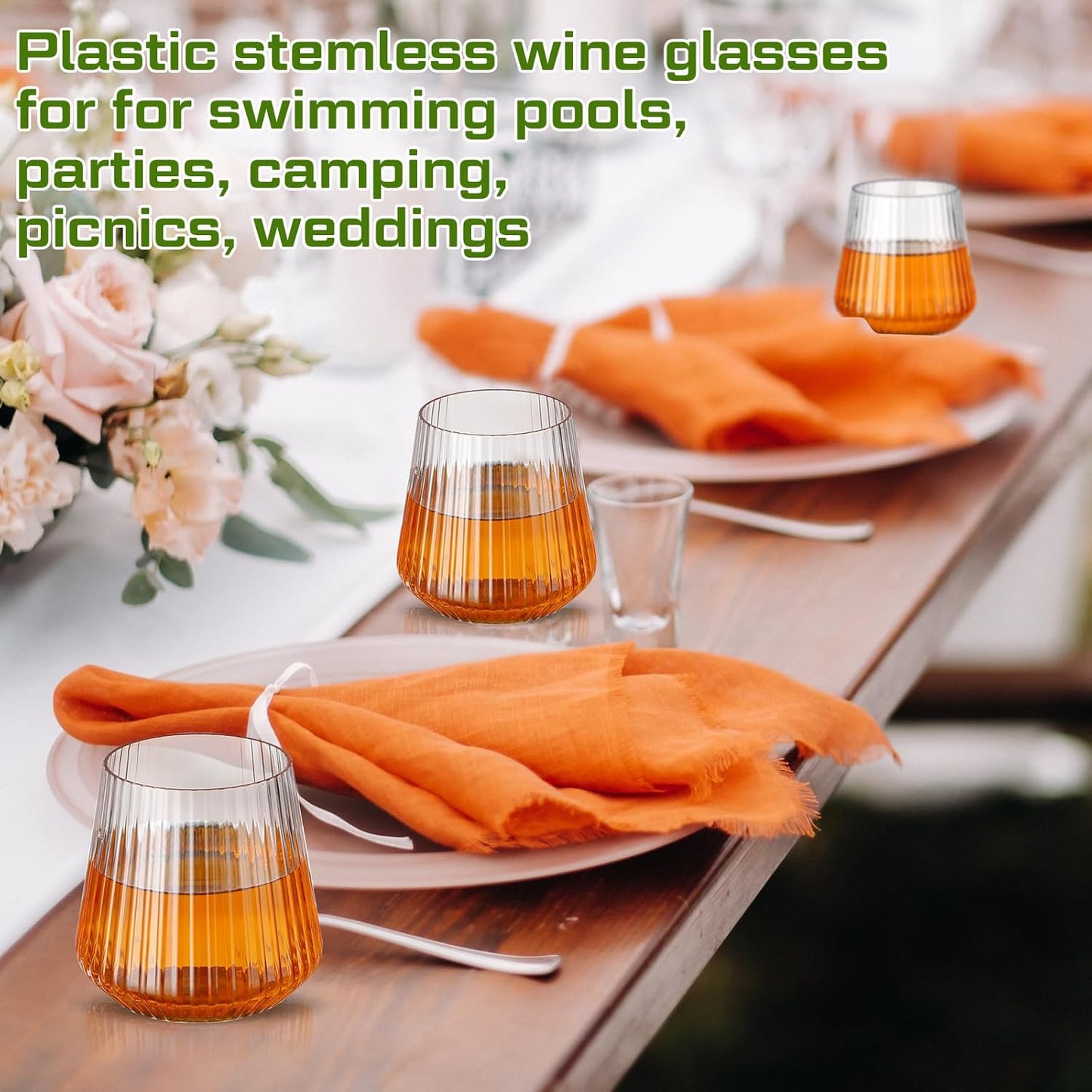 Suclain 20 Pcs Plastic Wine Glasses Ribbed Stemless Wine Glasses 14oz Vertical Design Unbreakable Cups for Outdoor Indoor Vintage Elegant Champagne Whiskey Glasses for Christmas Party Wedding