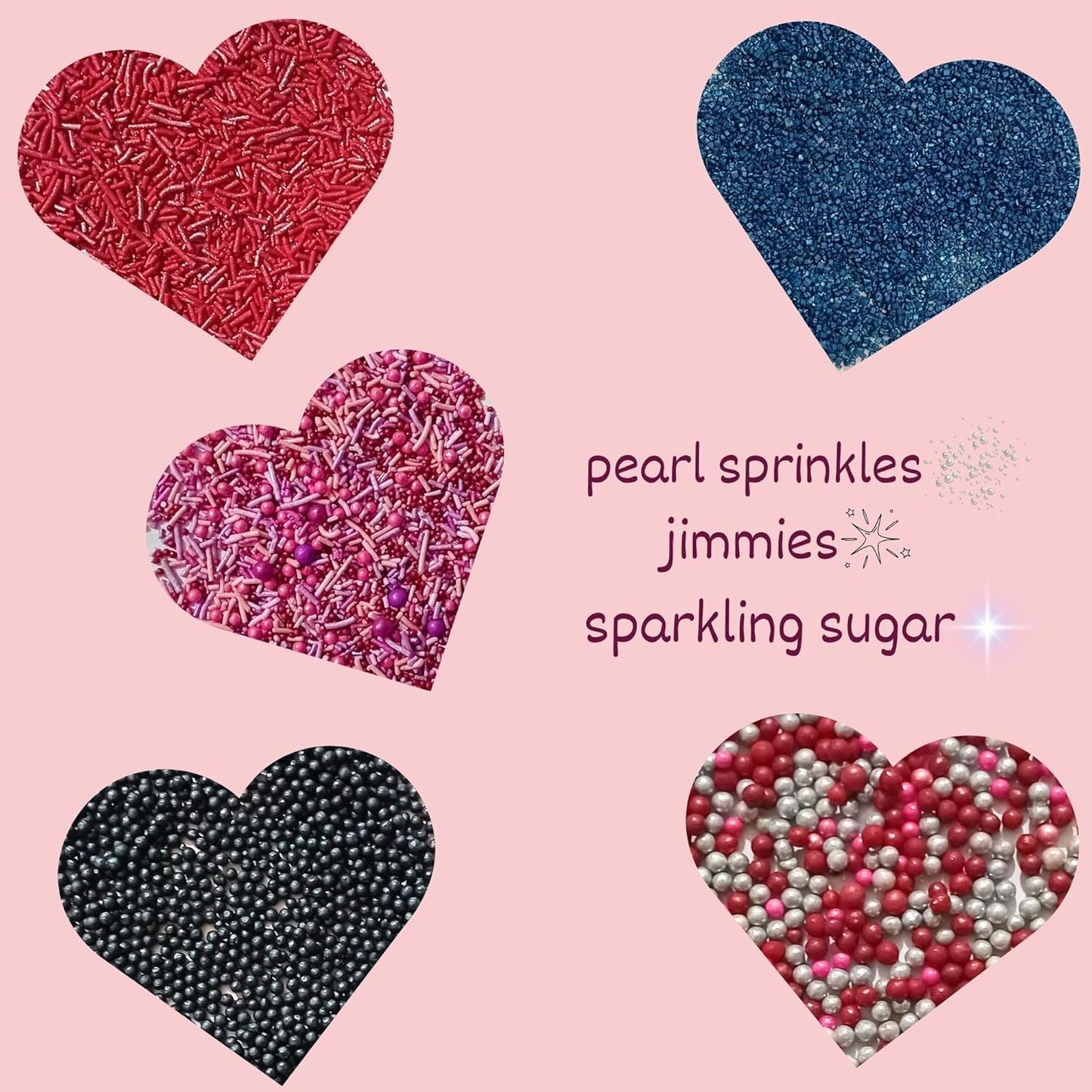 Confect Edible Sprinkles for Cake Decorating - Red Jimmies, Blush Pink Red Gun Metal Silver Pearl Mix with Navy Sparkling Sugar | Vegan, Gluten-Free, Dessert Topping - 5 Oz