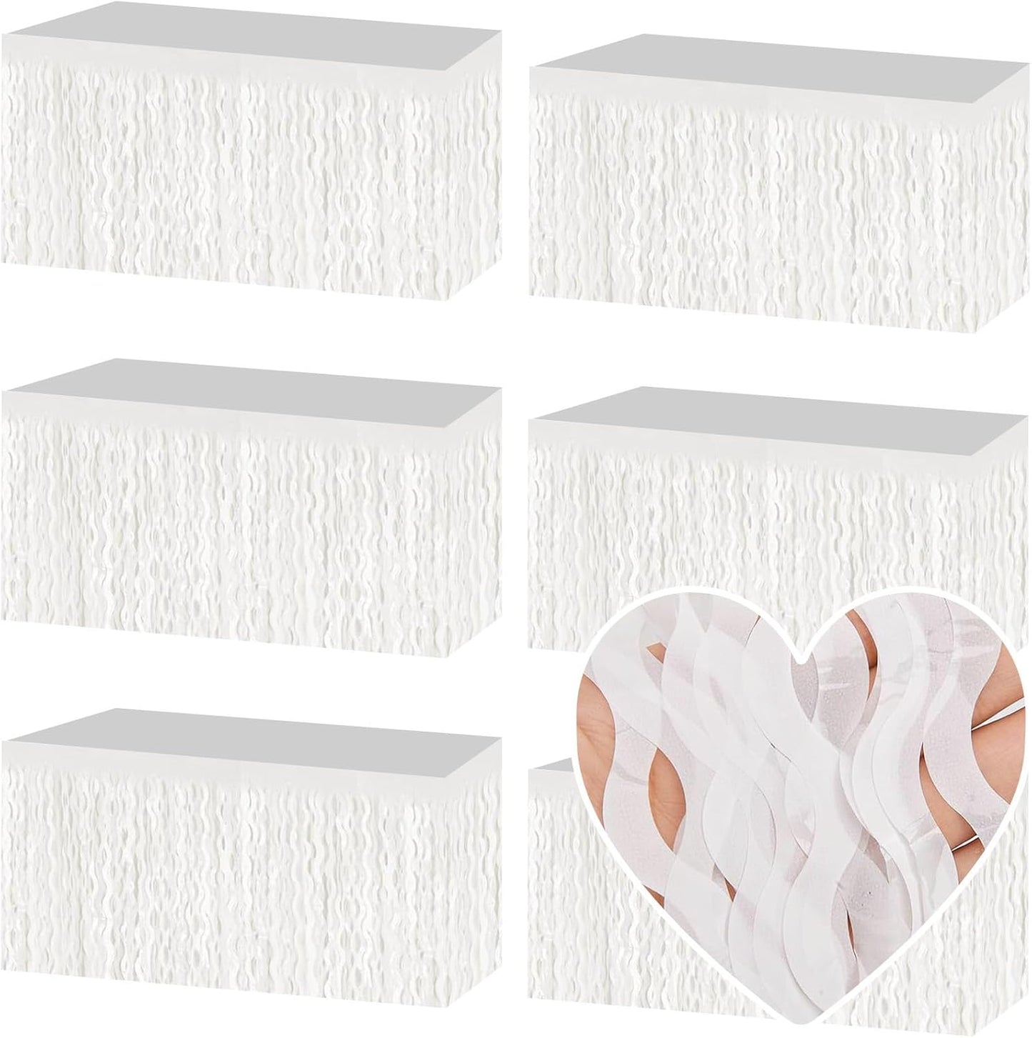 6 Pack 29x108 Inch Macaron White Wave Foil Fringe Table Skirts Metallic Banner for Tinsel Streamer Garland Backdrop for Parade Floats Wedding, Mother's Day, Birthday Mardi Gras Party Decorations