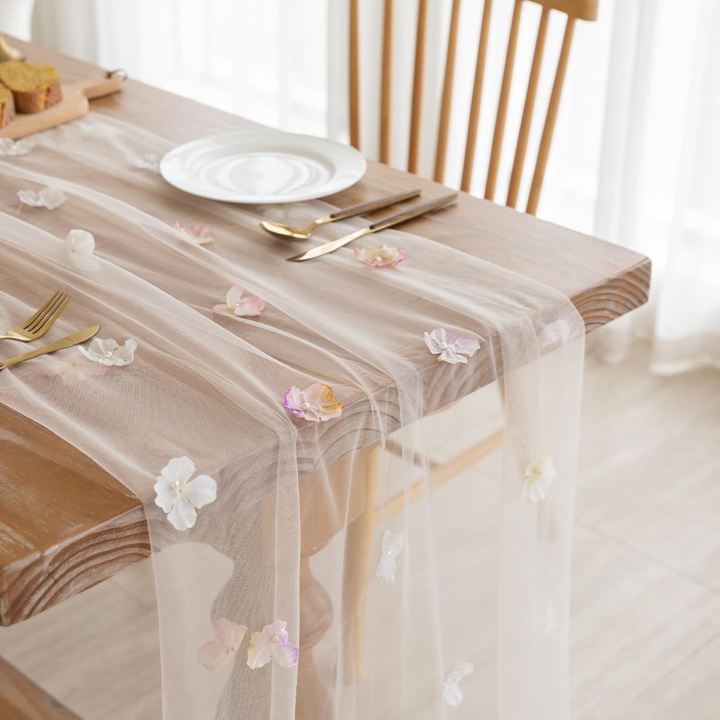 Romantic Artificial Floral Table Runner 10ft Gauze Tulle Lace Table Runner Set for Wedding Baby Shower Bridal Shower Holiday Kitchen Dining Table Decoration for Home Party Special Occasion (2Pcs)