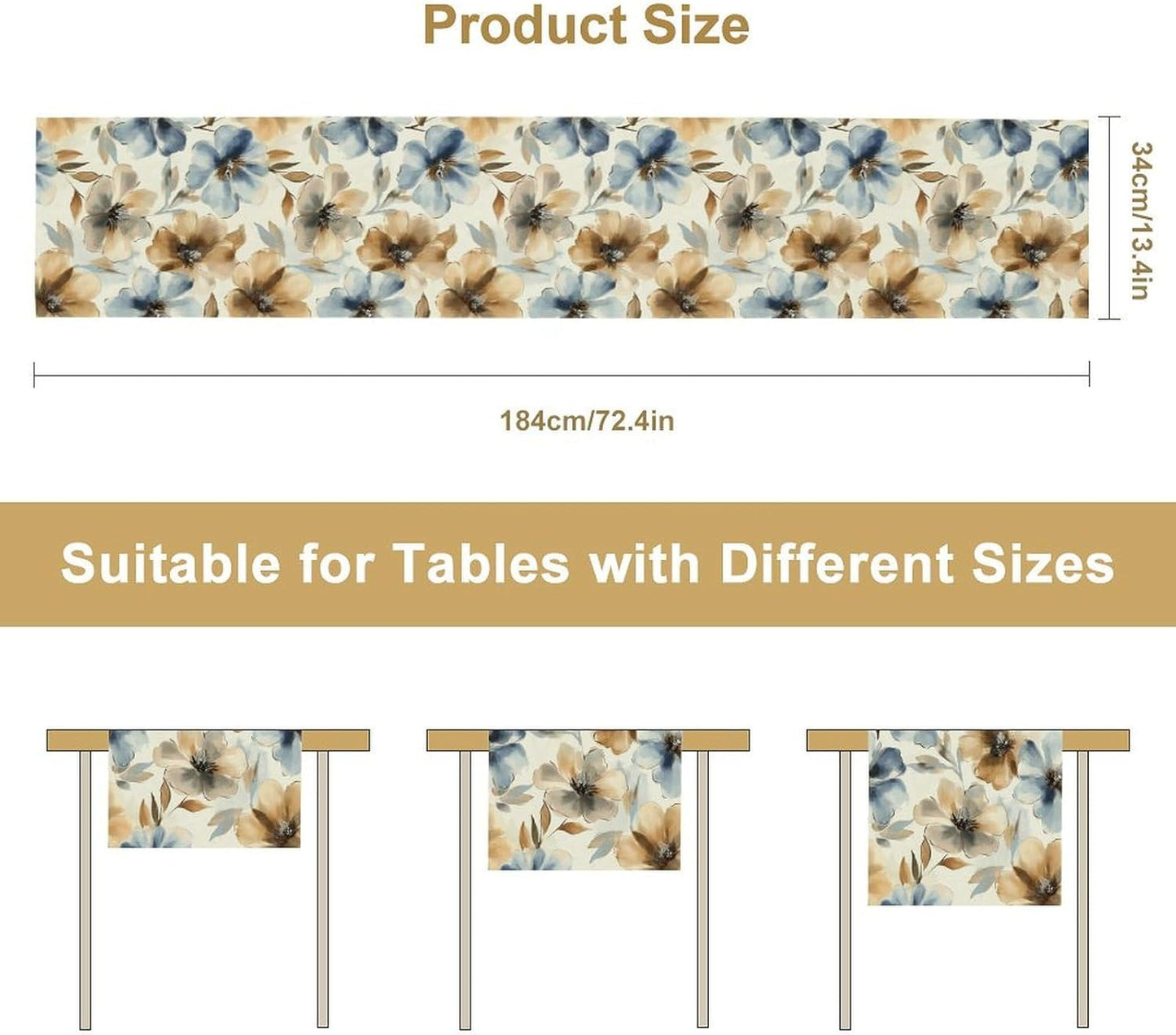 Poppy Floral Table Runner, Watercolor Brown Blue Flowers Blossom Summer Nature Table Runner for Kitchen Dinning Table Runner Decor Home Wedding Party Holiday, 13x60 Inch