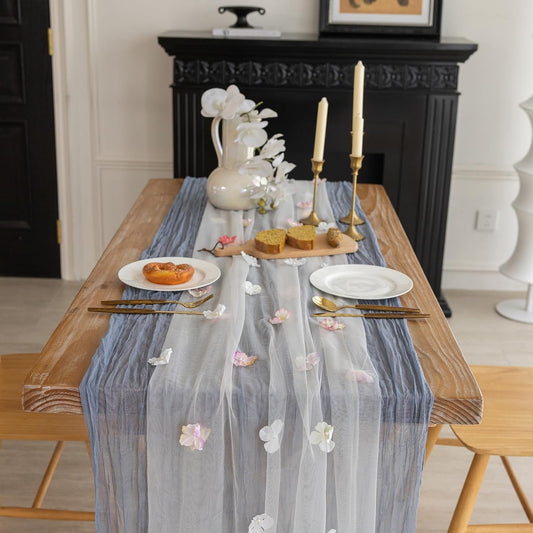 Romantic Artificial Floral Table Runner 10ft Gauze Tulle Lace Table Runner Set for Wedding Baby Shower Bridal Shower Holiday Kitchen Dining Table Decoration for Home Party Special Occasion