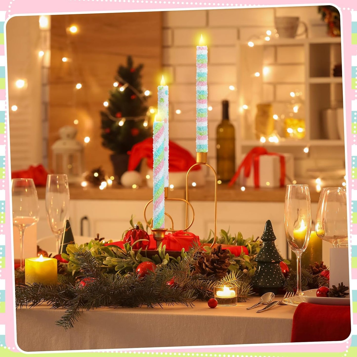 Baquler 6 Pcs Candy Theme Flameless Taper Candles 10.6 Inch Colorful Candy Strip and Polka Dots Candles Battery Operated LED Christmas Candlesticks for Xmas Centerpiece Holiday Party Home Decor