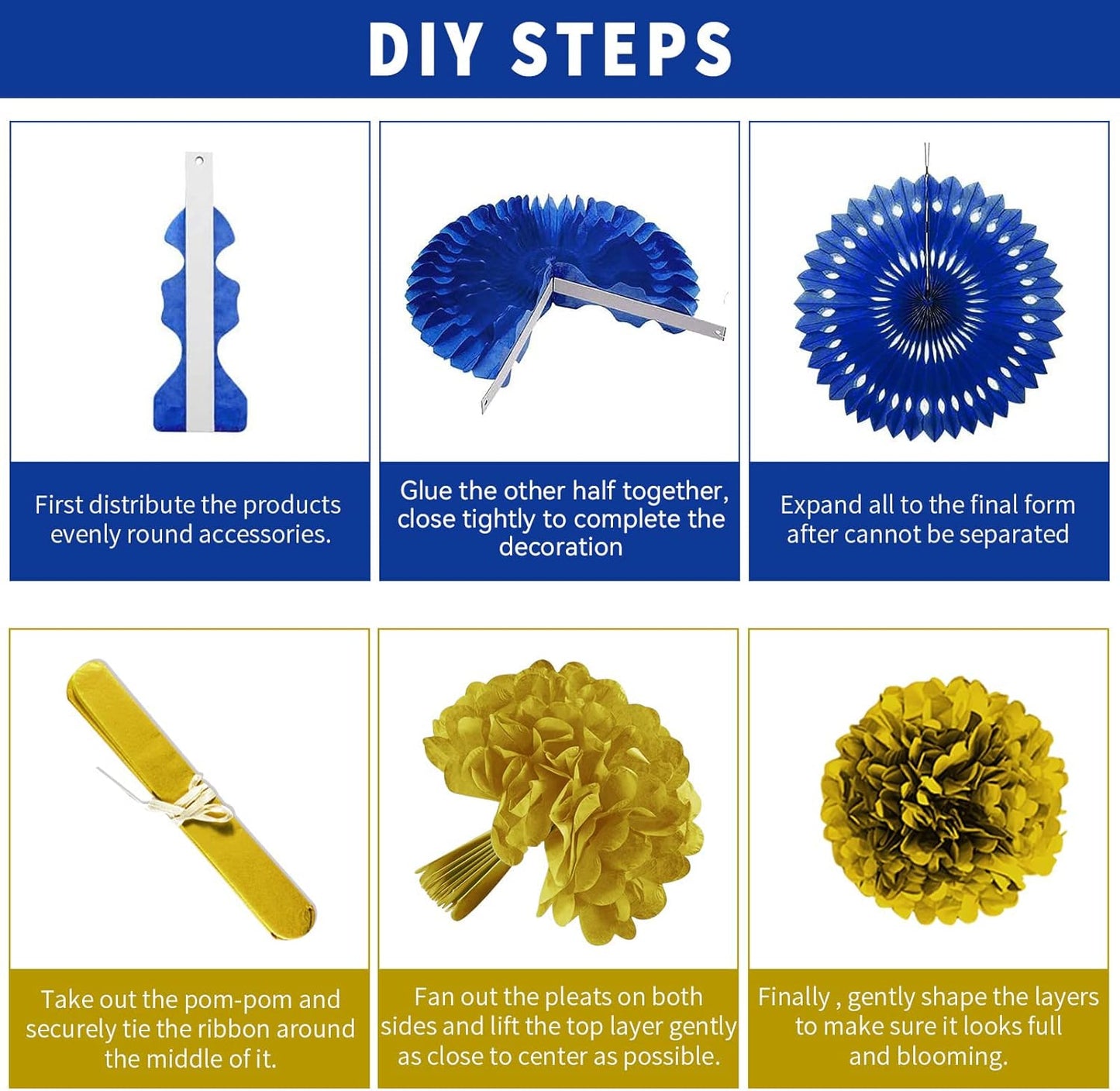 Blue and Gold Party Decorations - 23Pcs Navy Blue White Gold Baby Shower Birthday Decor for Men Boy Kids with Hanging Paper Fans, Pom Poms Flowers, Garland String Polka Dot Packs