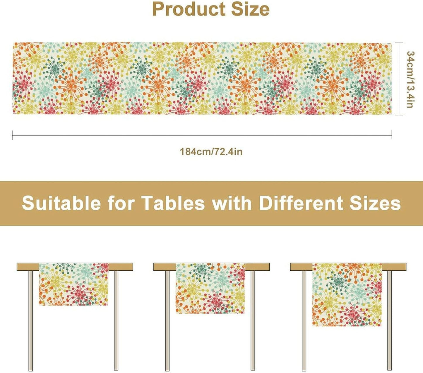 Mid Century Flower Table Runner, Colorful Geometric Abstract Chrysanthemum Vintage Farmhouse Decorations Orange Yellow Gray Table Runner for Kitchen Dining Holiday Party Decor, 13x90 Inch