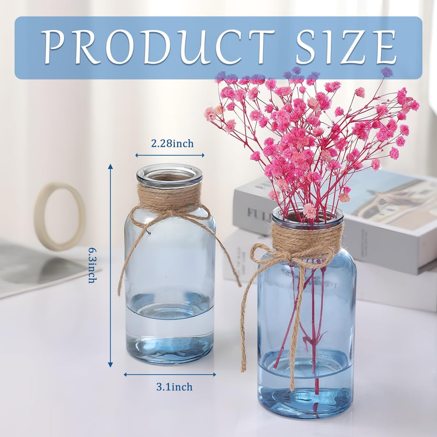 Blue Glass Flower Vases for Centerpieces Set of 6, Mason Jars Boho Cylinder Bud Vases in Bulk, for Weddings Parties Vintage Home Decor