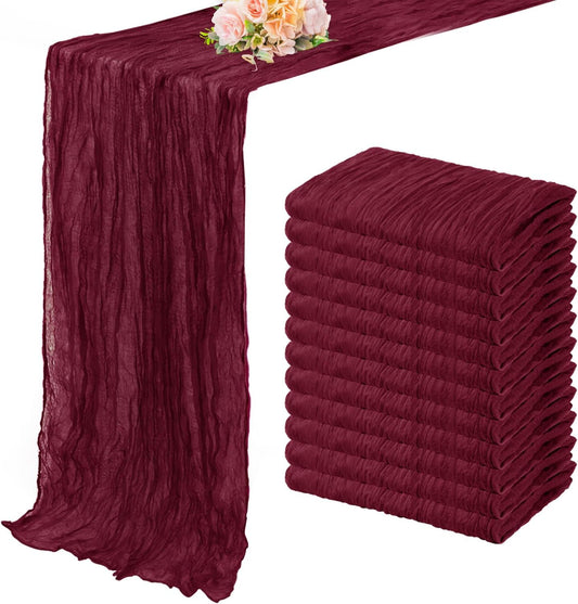 Burgundy 12 Pack Cheesecloth Table Runner 10FT Rustic Gauze Cheese Cloth Table Runner for Wedding Bridal Baby Shower Table Decor 20 x 120 Inch Long Boho Fabric Sheer Birthday Party Table Decorations