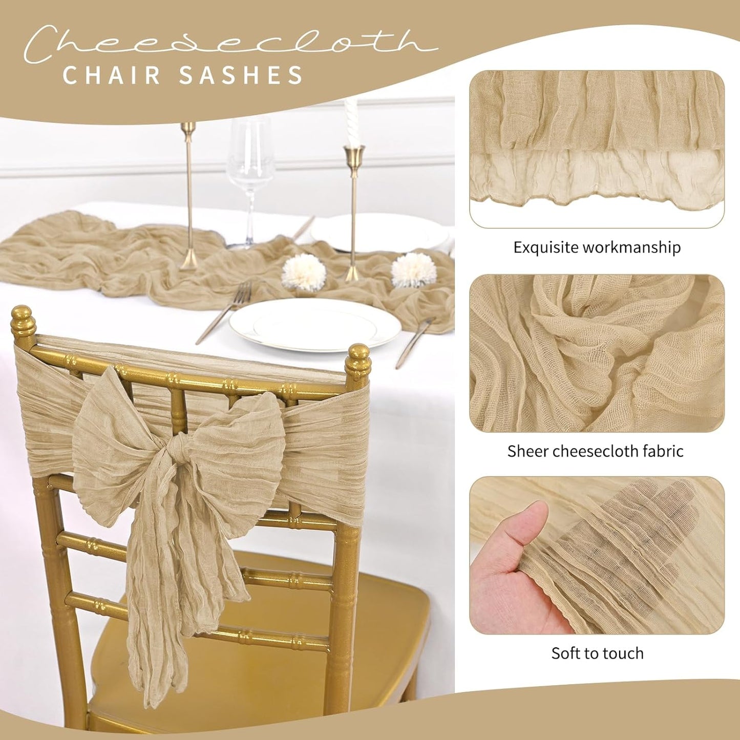 50 PCS Cheesecloth Chair Sashes, Bows Designed ChairSashes, 15.7x70 inch Chair Sashes for Aisle Decorations Universal Chairs Cover Decoration for Wedding Reception Party Banquet (Beige)
