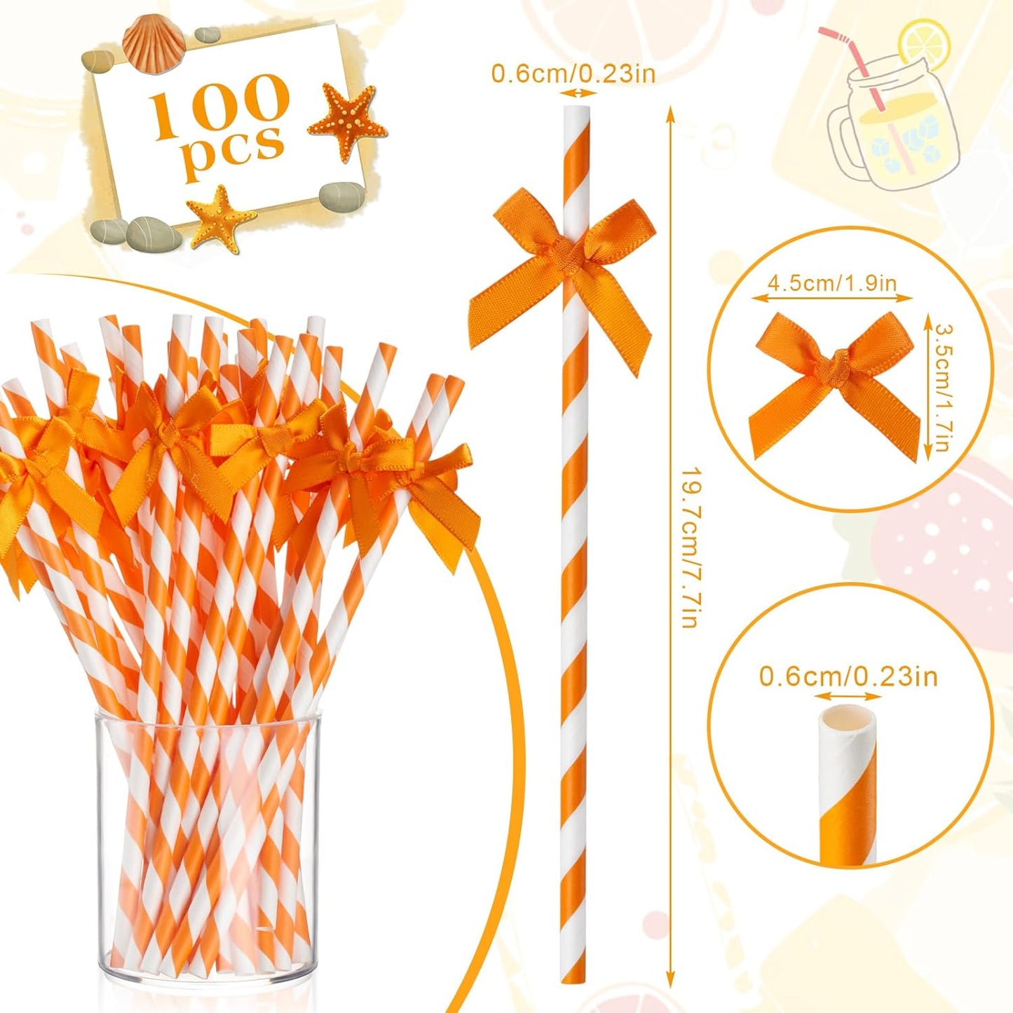 100 Pcs Fall Orange Paper Bow Straws for Drinking, Halloween Disposable Striped Paper Straws Bulk Autumn Theme Birthday Party Supplies for Wedding Cake Decorations Bachelorette Bridal Shower