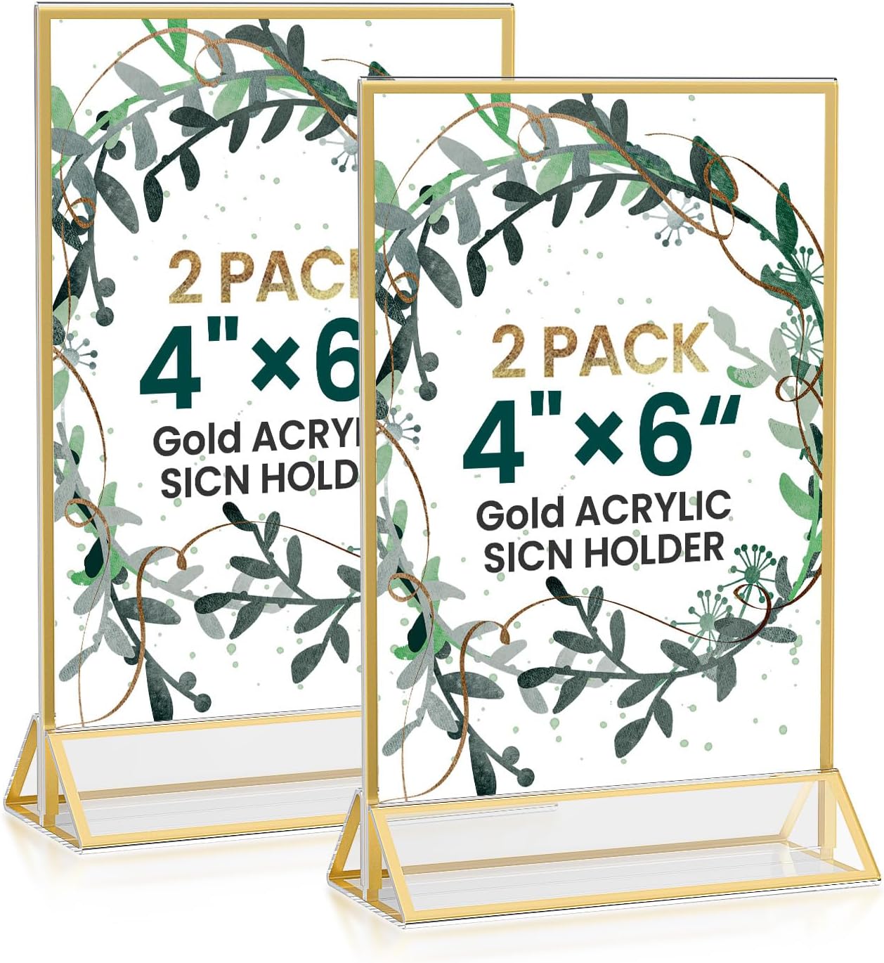 Acrylic Gold Sign Holders 4x6, 2 Pack Wedding Gold Table Number Holders, Double Sided Photo Display Picture Frame Paper Stand, Clear Flyer Stand Menu Holder for Wedding, Home, Party, Restaurant